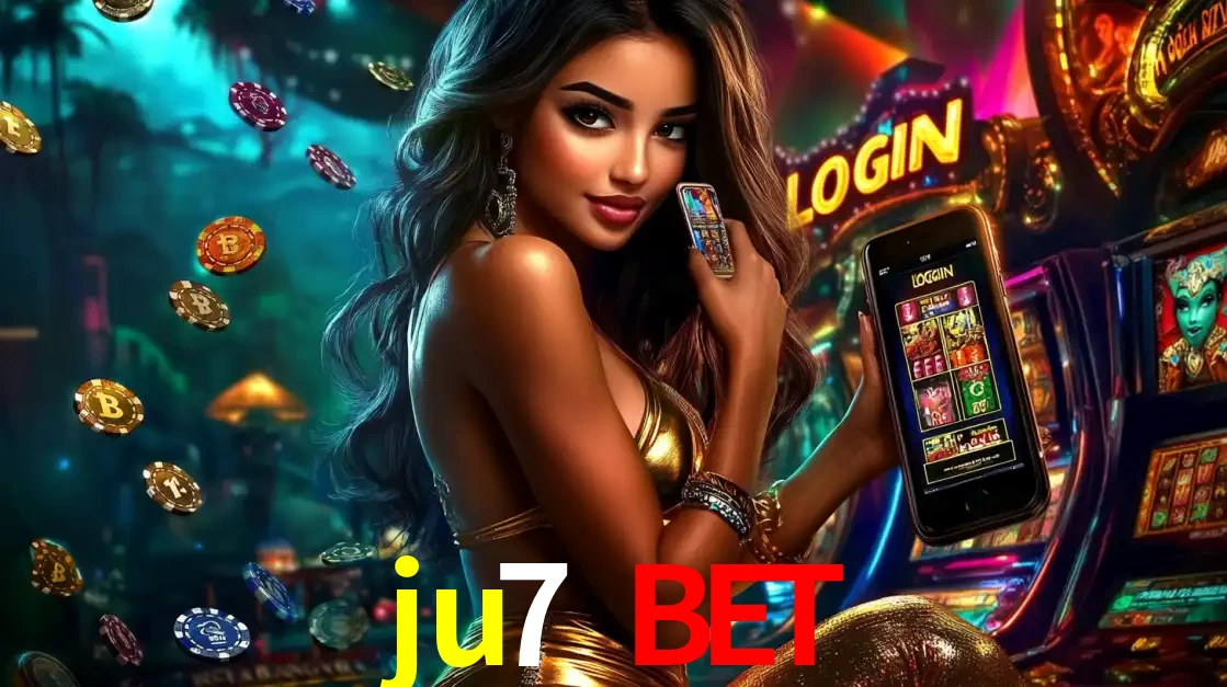 Mulher em um cenário de cassino temático de aventura, mostrando o app de caça-níqueis da ju7 bet no celular. Fichas de apostas flutuam ao redor.