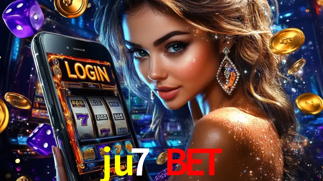 Mulher glamorosa segurando um smartphone com a tela de login para os jogos de caça-níqueis do cassino online ju7 bet, com moedas de ouro e dados ao redor.