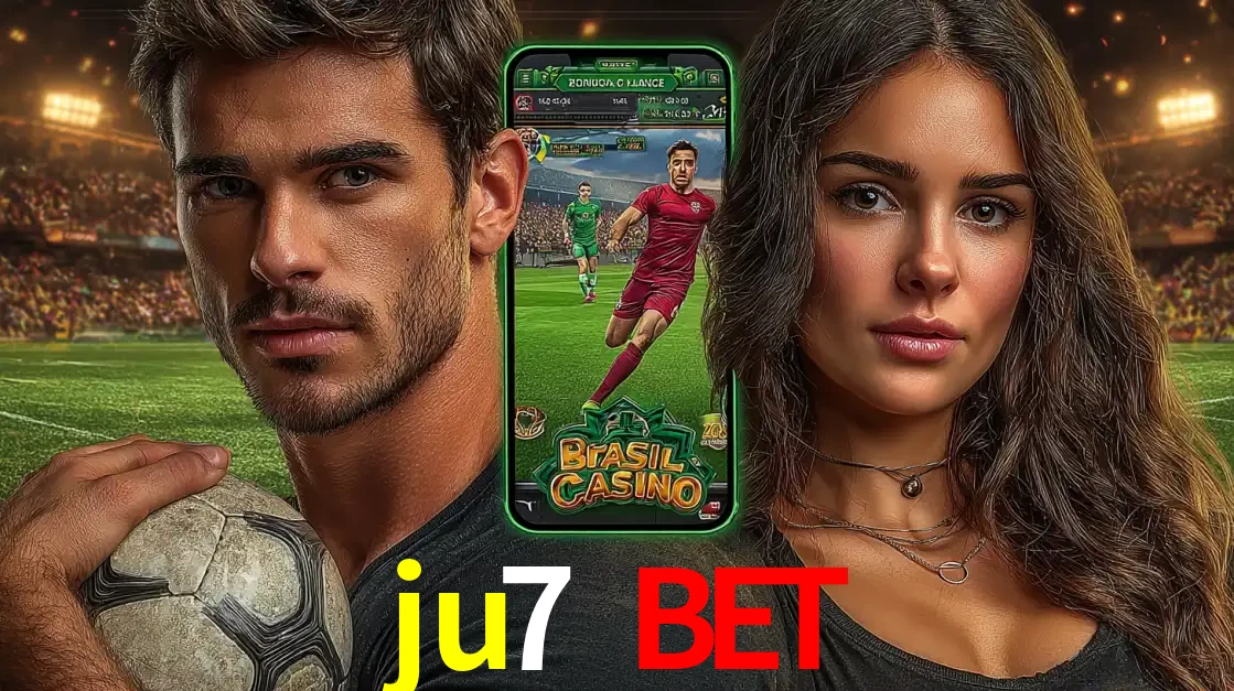 Homem segurando uma bola de futebol e uma mulher ao lado de um smartphone exibindo o jogo de apostas esportivas da ju7 bet. Faça seu palpite no cassino online.